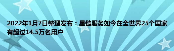 2022年1月7日整理发布：星链服务如今在全世界25个国家有超过14.5万名用户