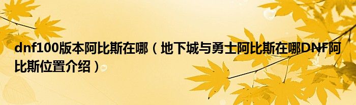 dnf100版本阿比斯在哪（地下城与勇士阿比斯在哪DNF阿比斯位置介绍）