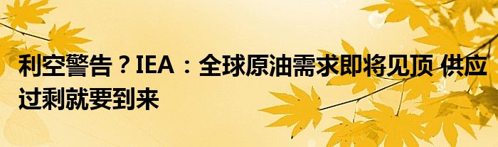 利空警告？IEA：全球原油需求即将见顶 供应过剩就要到来