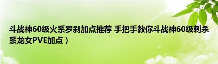 斗战神60级火系罗刹加点推荐 手把手教你斗战神60级刺杀系龙女PVE加点）