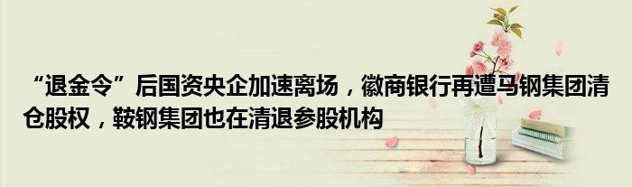 “退金令”后国资央企加速离场，徽商银行再遭马钢集团清仓股权，鞍钢集团也在清退参股机构