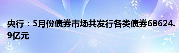 央行：5月份债券市场共发行各类债券68624.9亿元