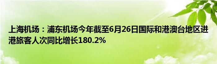 上海机场：浦东机场今年截至6月26日国际和港澳台地区进港旅客人次同比增长180.2%