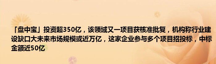 「盘中宝」投资超350亿，该领域又一项目获核准批复，机构称行业建设缺口大未来市场规模或近万亿，这家企业参与多个项目招投标，中标金额近50亿