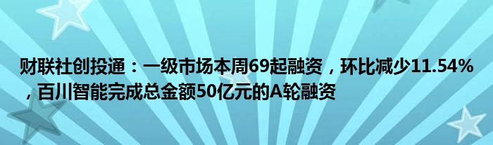 财联社创投通：一级市场本周69起融资，环比减少11.54%，百川智能完成总金额50亿元的A轮融资