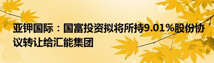 亚钾国际：国富投资拟将所持9.01%股份协议转让给汇能集团