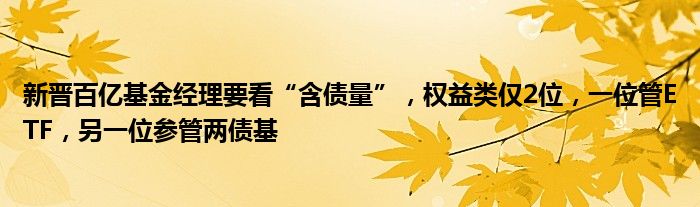 新晋百亿基金经理要看“含债量”，权益类仅2位，一位管ETF，另一位参管两债基