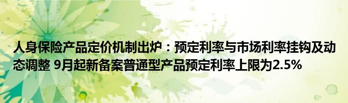 人身保险产品定价机制出炉：预定利率与市场利率挂钩及动态调整 9月起新备案普通型产品预定利率上限为2.5%