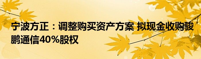 宁波方正：调整购买资产方案 拟现金收购骏鹏通信40%股权