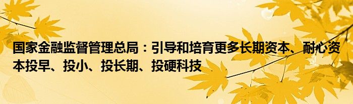 国家金融监督管理总局：引导和培育更多长期资本、耐心资本投早、投小、投长期、投硬科技