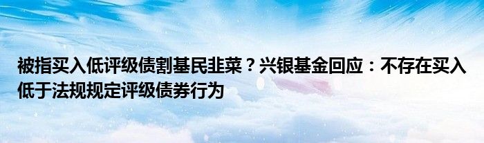 被指买入低评级债割基民韭菜？兴银基金回应：不存在买入低于法规规定评级债券行为