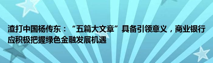 渣打中国杨传东：“五篇大文章”具备引领意义，商业银行应积极把握绿色金融发展机遇