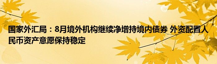 国家外汇局：8月境外机构继续净增持境内债券 外资配置人民币资产意愿保持稳定