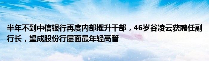 半年不到中信银行再度内部擢升干部，46岁谷凌云获聘任副行长，望成股份行层面最年轻高管