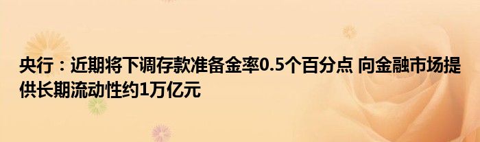 央行：近期将下调存款准备金率0.5个百分点 向金融市场提供长期流动性约1万亿元