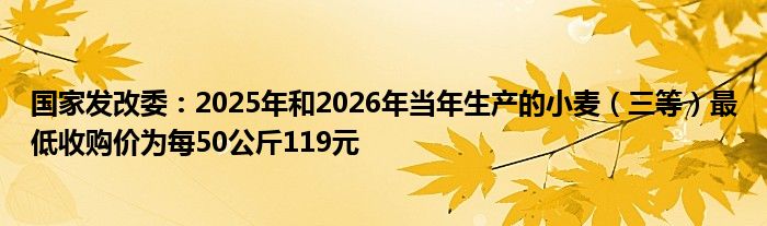 国家发改委：2025年和2026年当年生产的小麦（三等）最低收购价为每50公斤119元