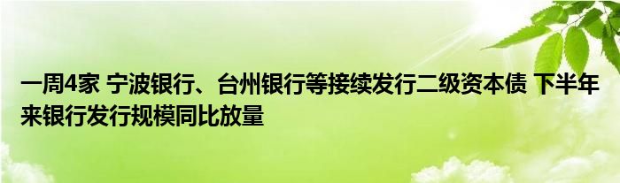 一周4家 宁波银行、台州银行等接续发行二级资本债 下半年来银行发行规模同比放量