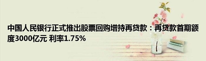 中国人民银行正式推出股票回购增持再贷款：再贷款首期额度3000亿元 利率1.75%