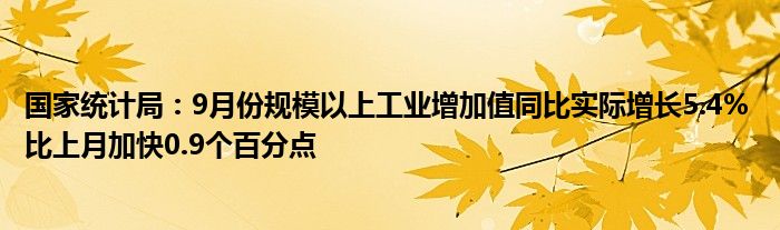 国家统计局：9月份规模以上工业增加值同比实际增长5.4% 比上月加快0.9个百分点