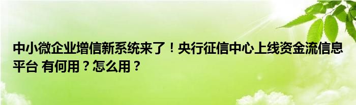 中小微企业增信新系统来了！央行征信中心上线资金流信息平台 有何用？怎么用？