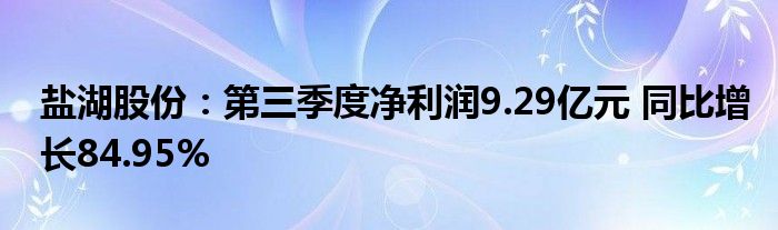 盐湖股份：第三季度净利润9.29亿元 同比增长84.95%