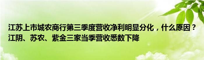 江苏上市城农商行第三季度营收净利明显分化，什么原因？江阴、苏农、紫金三家当季营收悉数下降