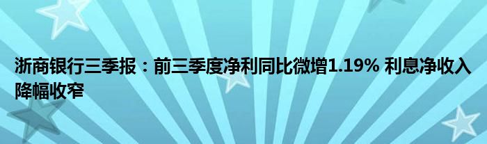 浙商银行三季报：前三季度净利同比微增1.19% 利息净收入降幅收窄