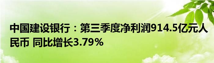 中国建设银行：第三季度净利润914.5亿元人民币 同比增长3.79%